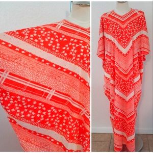 Vintage Boho Kaftan Cocoon Mumu Psychedelic Hippie Neon Orange Batwing Sleeves
